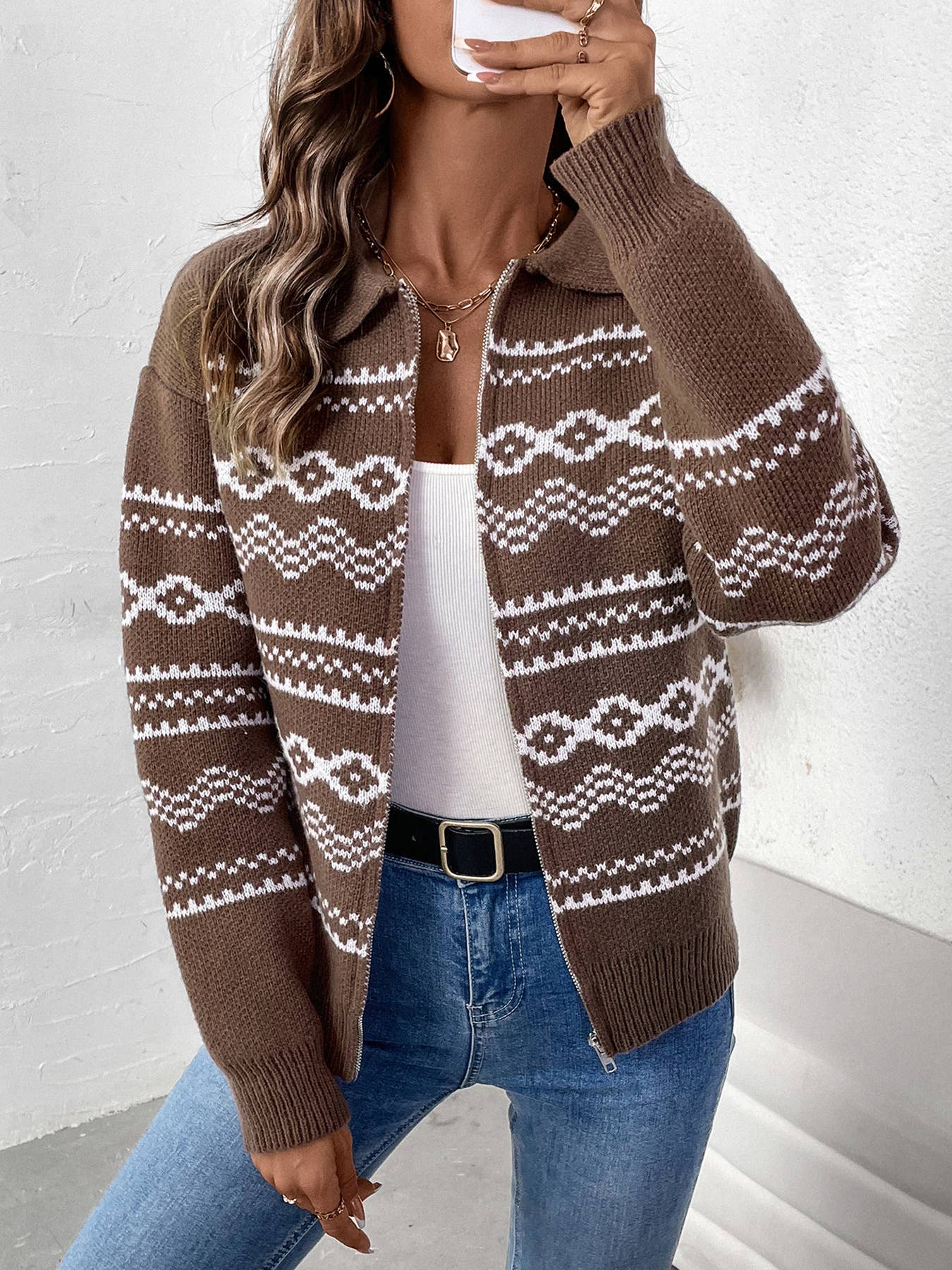 Ethnic-style jacquard zipper cardigan