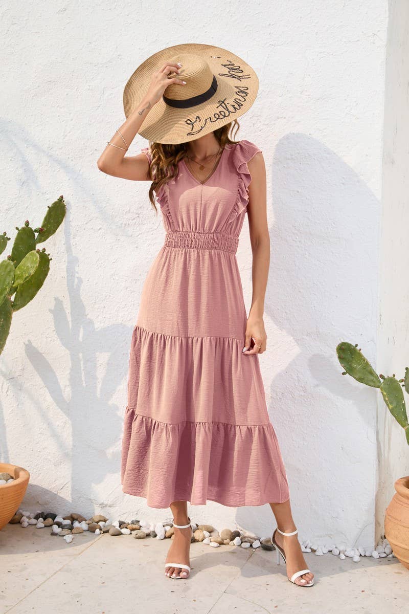 CWDMD2144_V-NECK HIGH-WAISTED CAKE DRESS