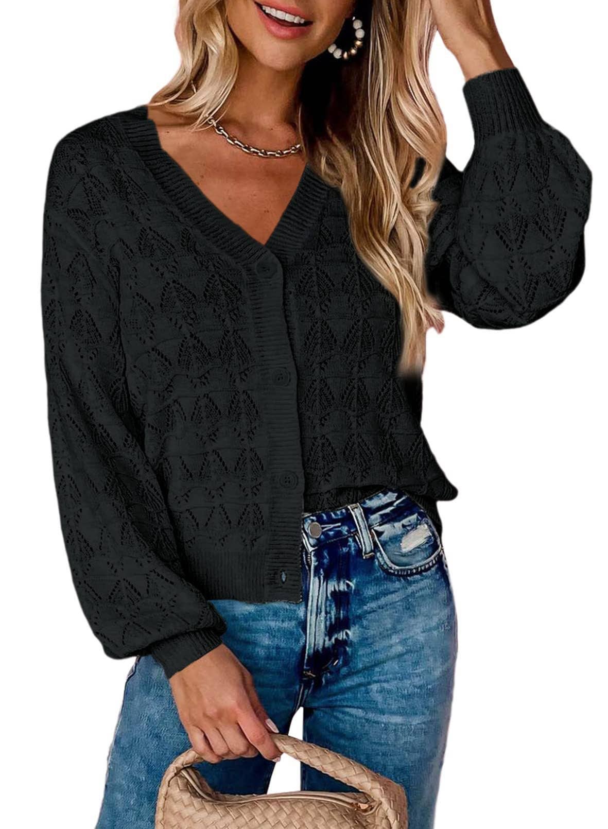 LONG SLEEVE CROCHET V-NECK CARDIGAN