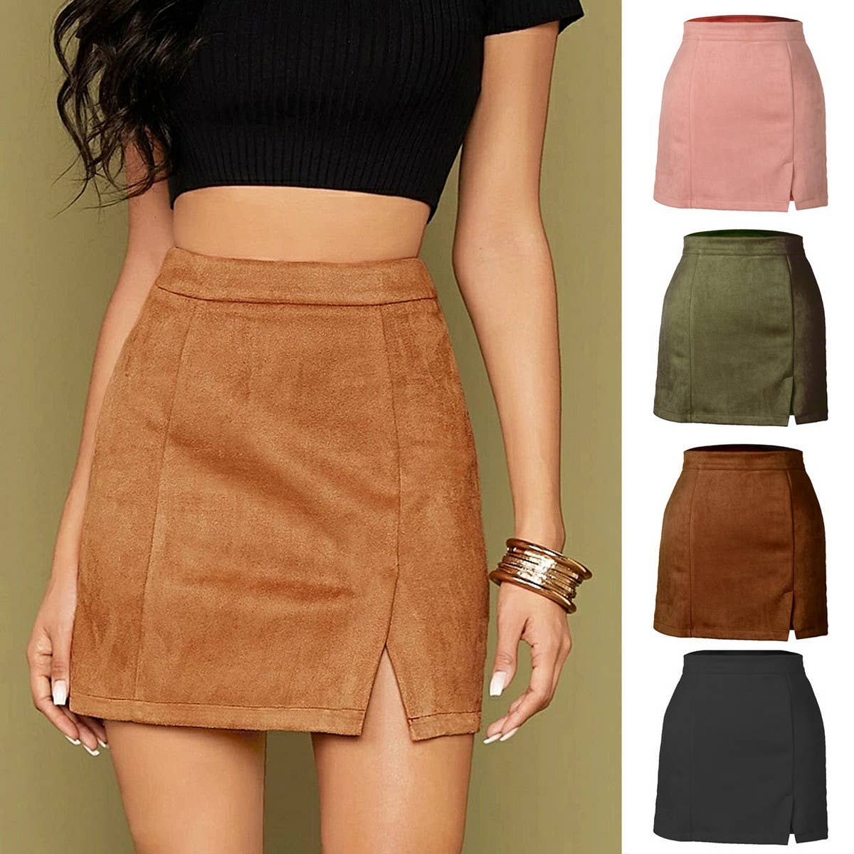 SUEDE HIP-HUGGING MINISKIRT HIGH WAIST ZIPPER SKIRT_CWAB4796