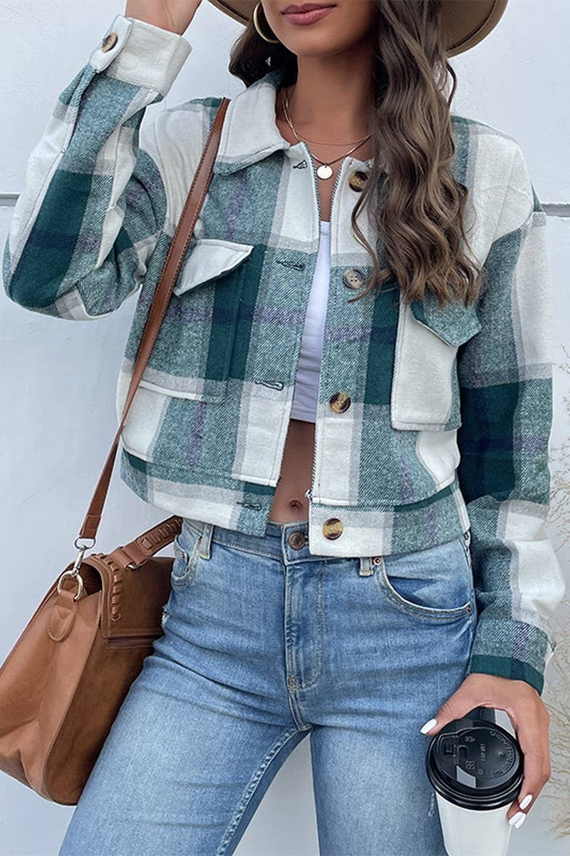 CWOJA0824_CROPPED PLAID CARDIGAN LAPEL JACKET