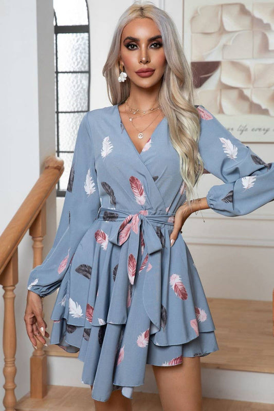 CWDSD2921_FEATHER PRINT  HEM RUFFLED LACE-UP MINI DRESS