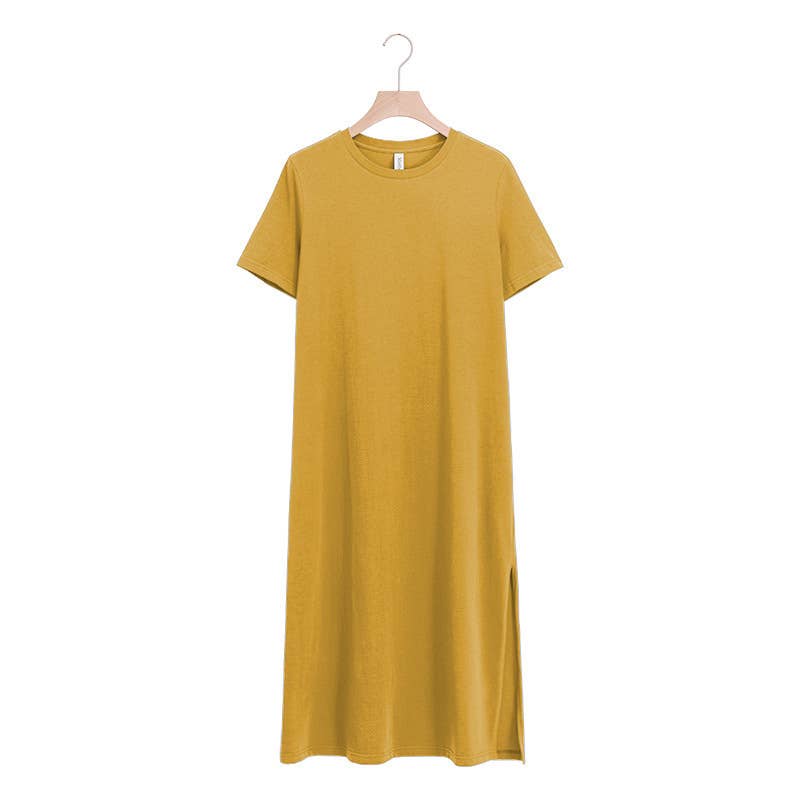 Solid color short-sleeved long cotton split dress