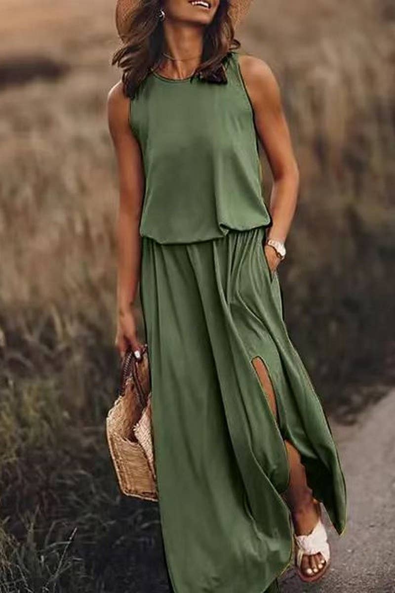 CWDMD5390_SOLID COLOR SLEEVELESS BALLOON LONG DRESS