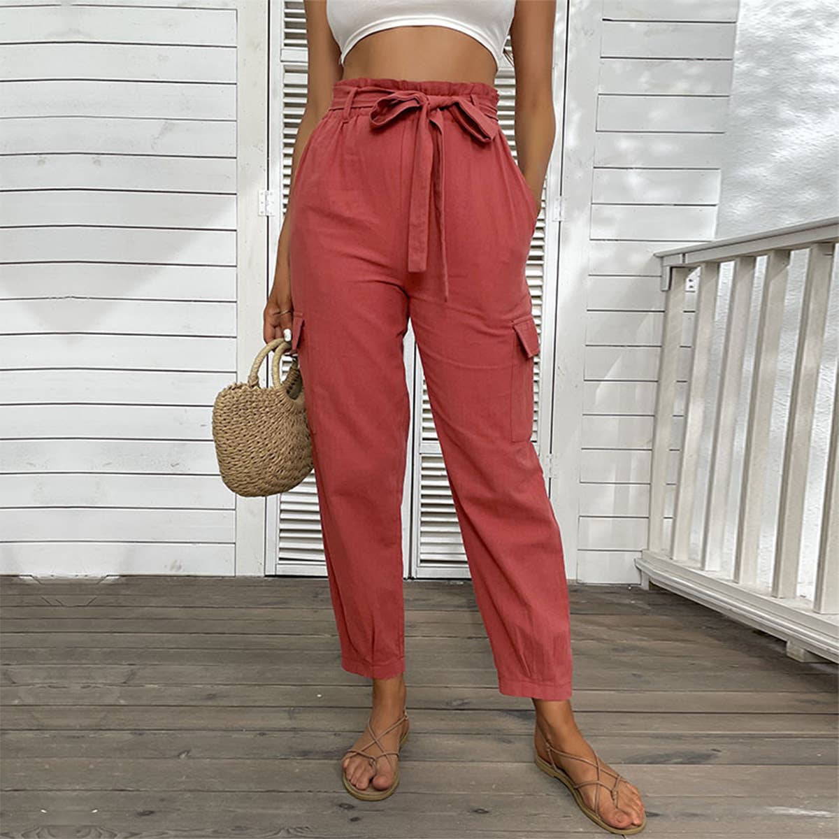 HIGH-WAISTED LACE-UP CASUAL CROPPED PANTS