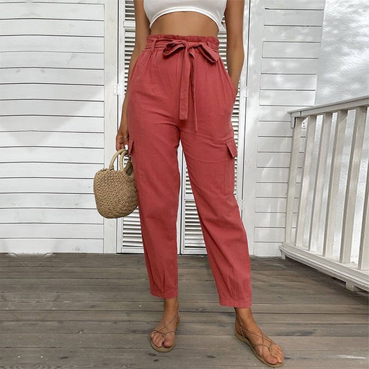 HIGH-WAISTED LACE-UP CASUAL CROPPED PANTS