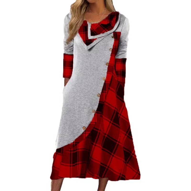 PLAID PRINT PATCHWORK BUTTON POCKET DRESS
