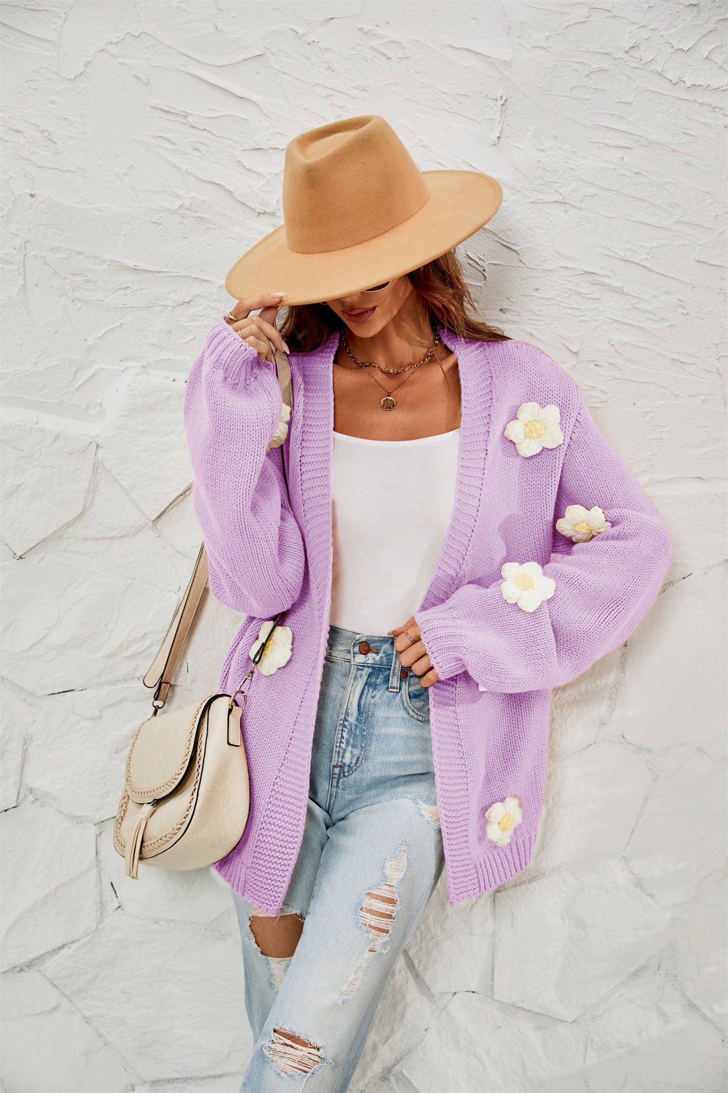 Flower cardigan lantern sleeve sweater coat_cwocal0687