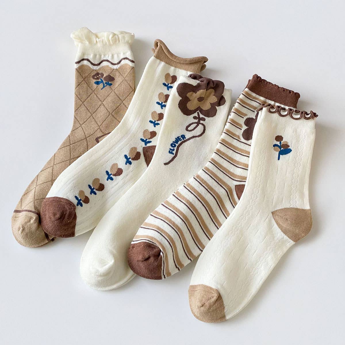 White coffee color Floral Print Crew Socks