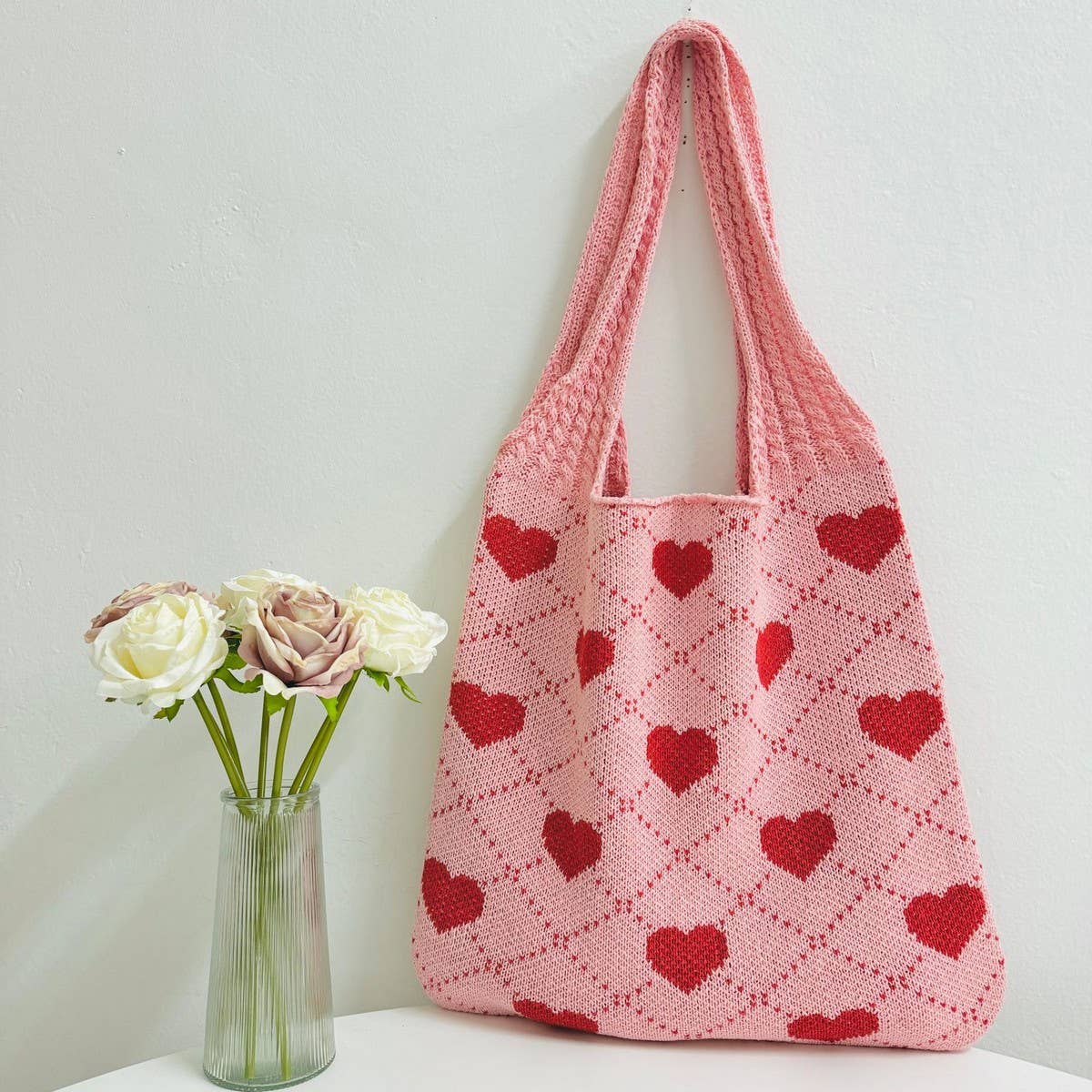 CWAB5064_SHOPPING KNITTED HEART PATTERN WOVEN BAG