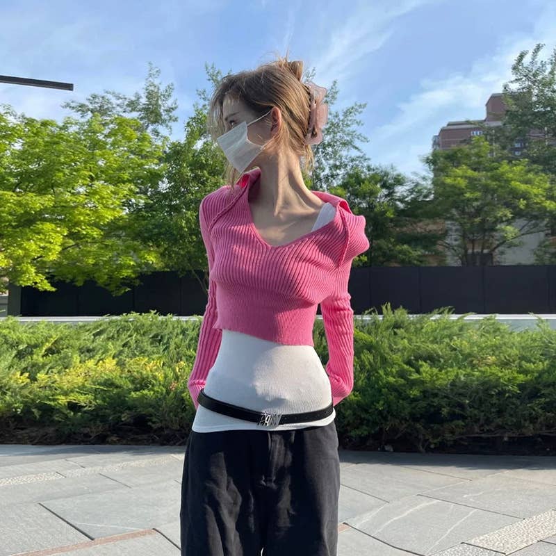 LONG SLEEVE LAPEL SOLID COLOR SLIM CROP KNIT TOP