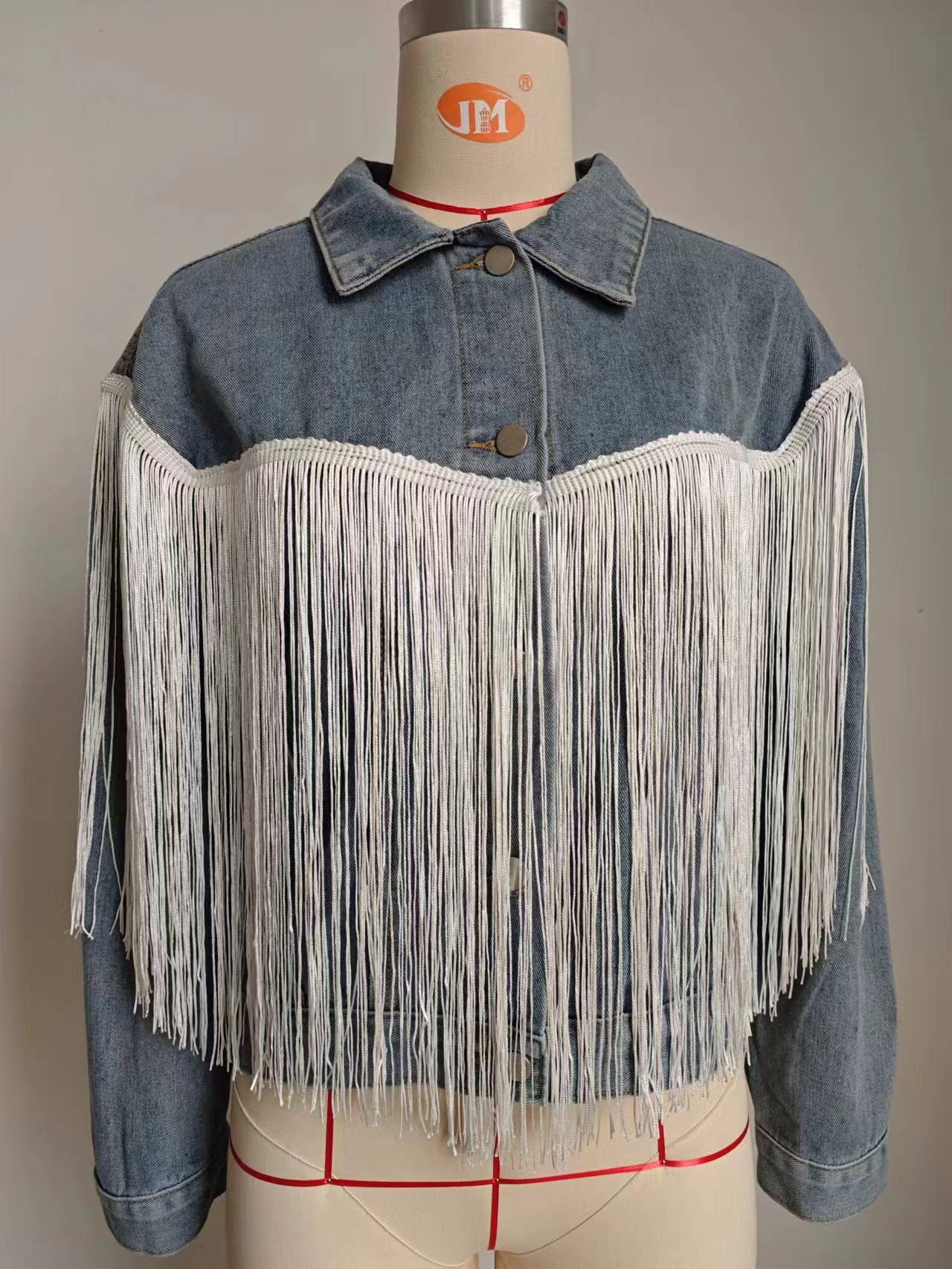 WASHED LONG SLEEVE DENIM JACKET WITH FRINGE