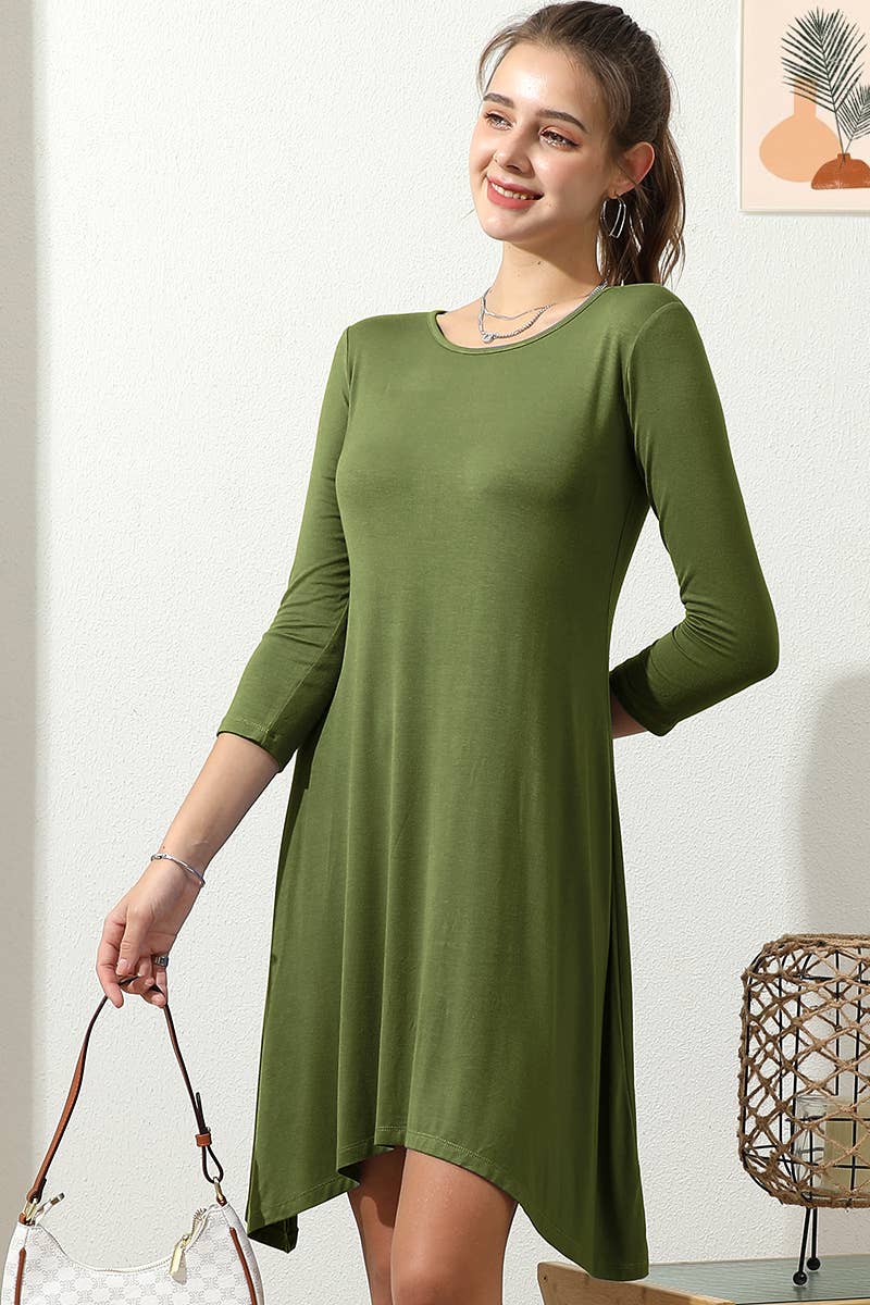 CWDMD798_ROUND NECK UNBALANCED HEM CAUSAL MIDI SOLID DRESS