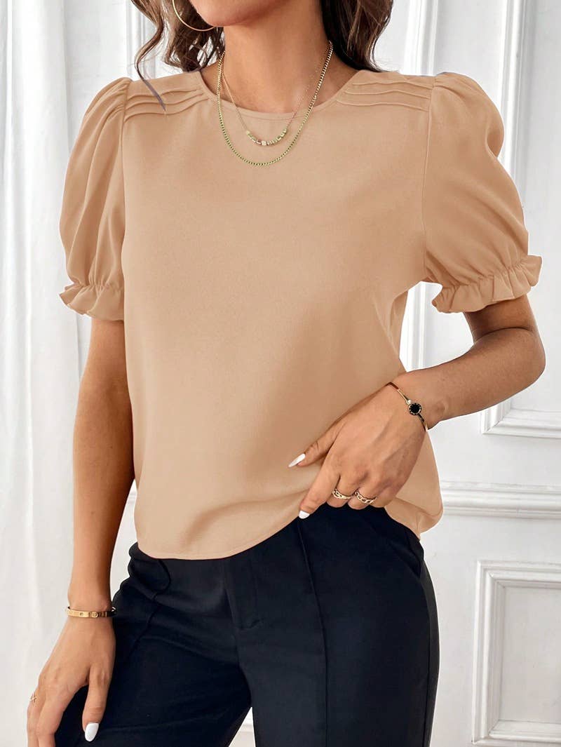 Stylish solid color puffed sleeve crew-neck shirt