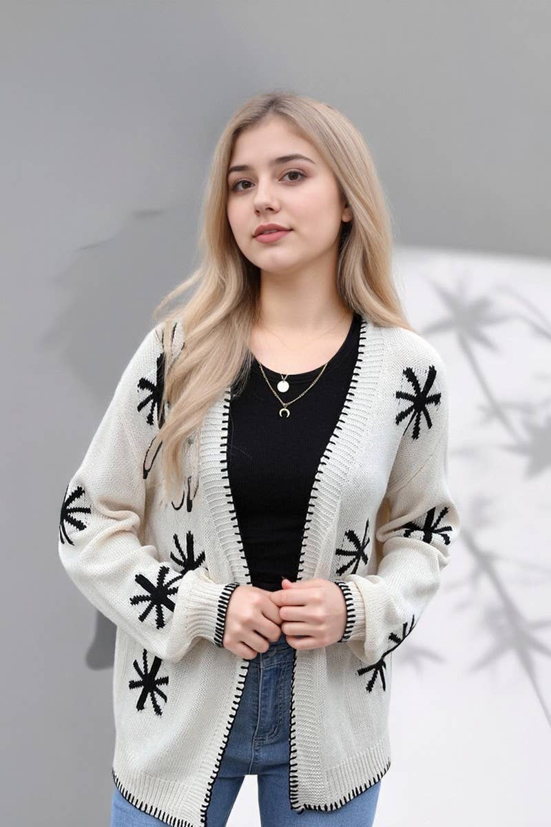 CWOCAL00802_BOAT NECK FLORAL JACQUARD KNIT CARDIGAN