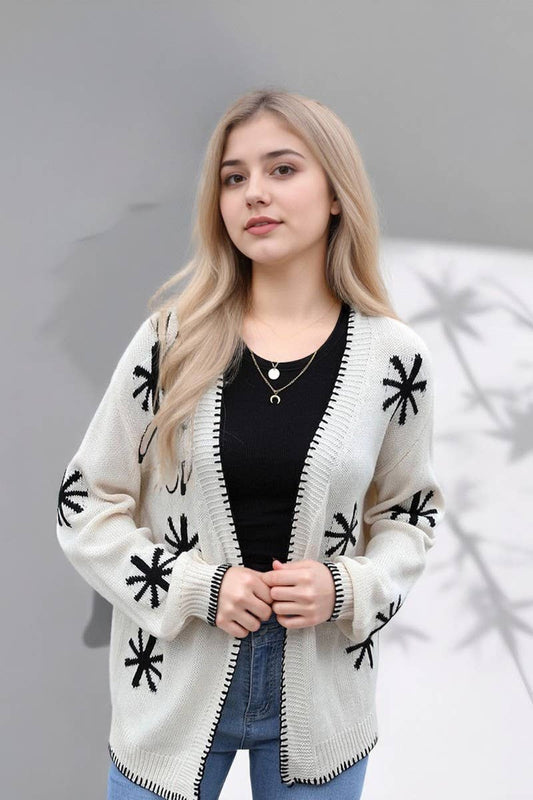 CWOCAL00802_BOAT NECK FLORAL JACQUARD KNIT CARDIGAN