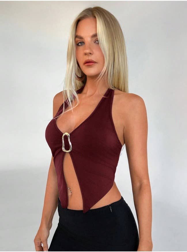 Solid-colored sleeveless V-neck sexy cross top