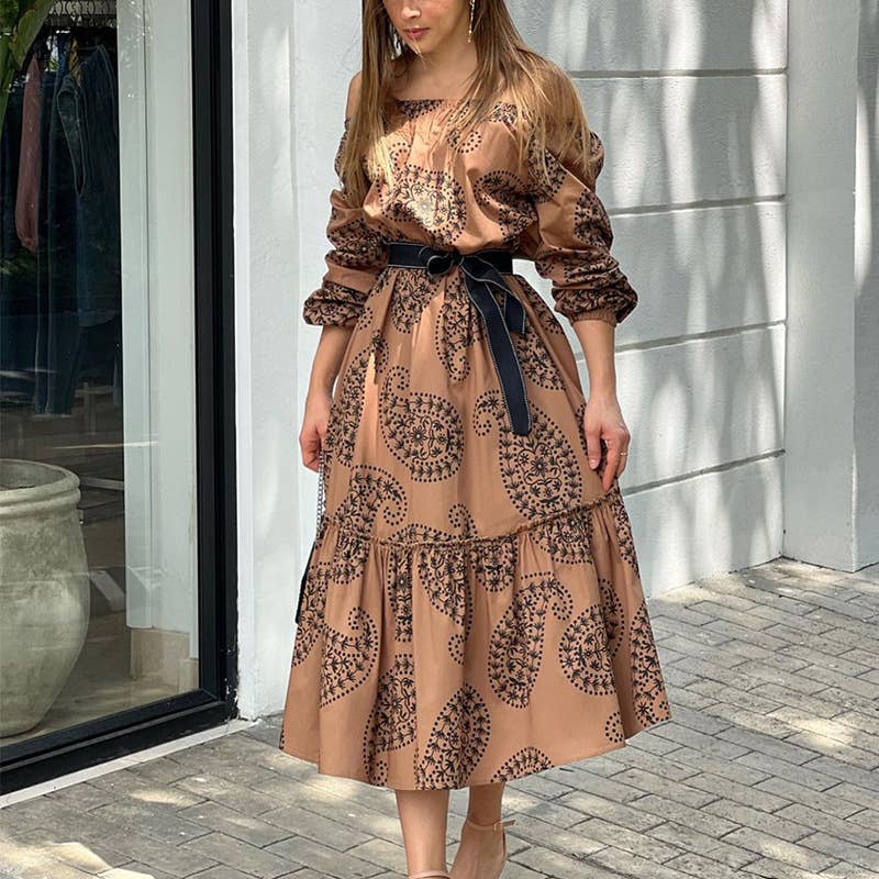 Long-sleeved printed one-shoulder dress