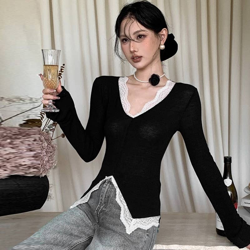 SOLID COLOR V-NECK SEXY LACE PATCHWORK TOP