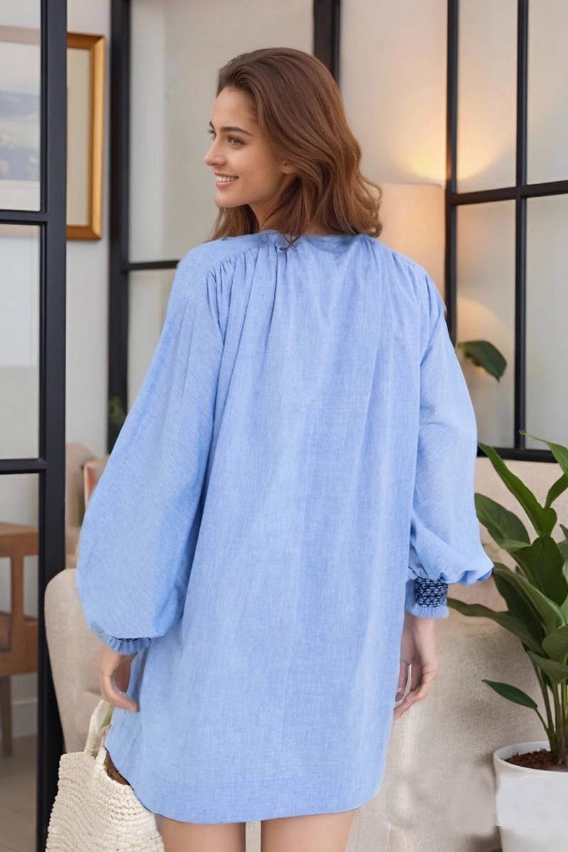 CWDSD8802_RUCHED LAYERED V-NECK ARTISTIC SHIRT DRESS