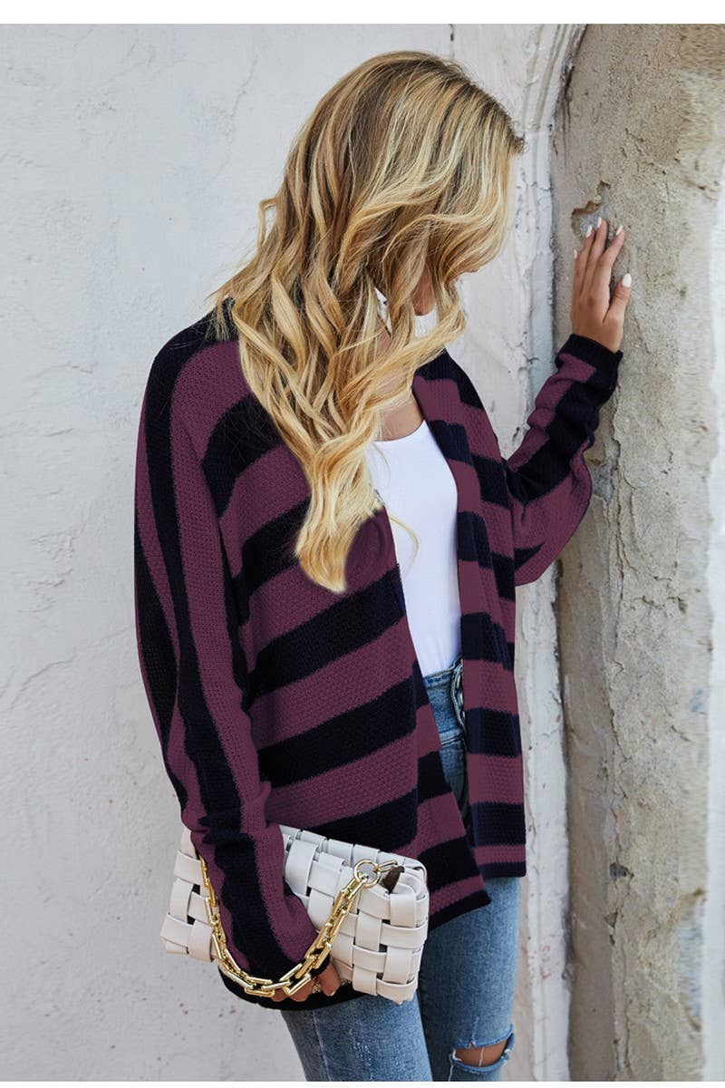 CWOCAL0778_BATWING SLEEVE LOOSE STRIPED KNIT CARDIGAN