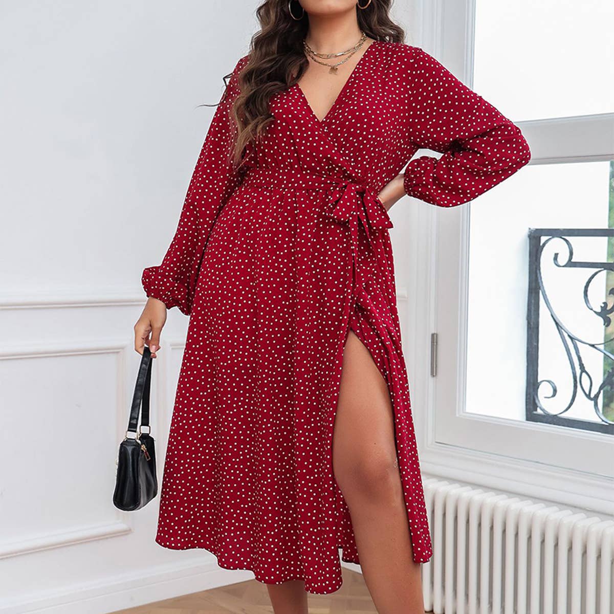 Elegant Polka Dot Red Maxi Dress for Fall