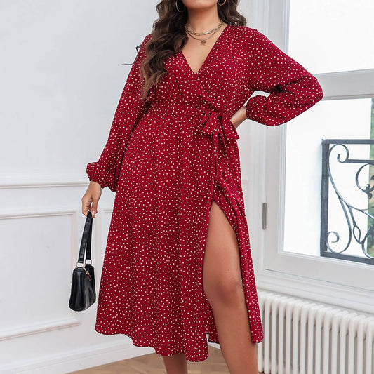 Elegant Polka Dot Red Maxi Dress for Fall