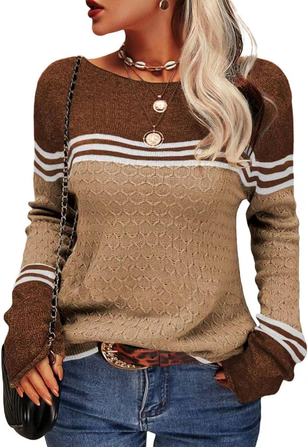 STYLISH CREW-NECK SWEATER WITH STRIPES AND COLORS