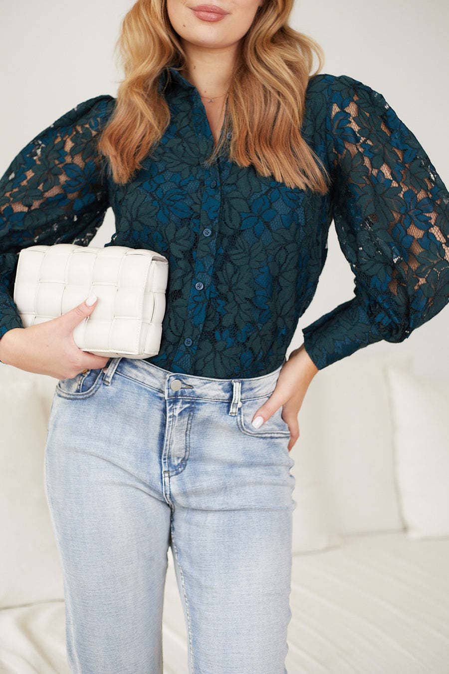 LAPEL SOLID COLOR LONG-SLEEVED CUT-OUT LACE SHIRT