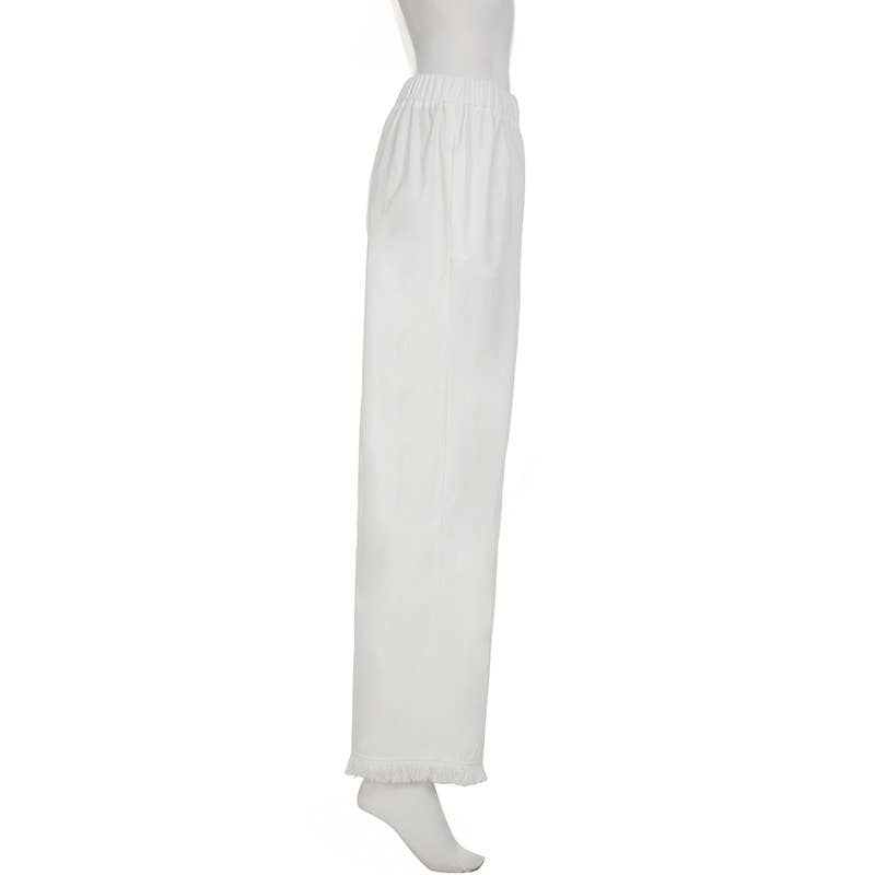 Fringed straight-leg stretched-waist woven pants
