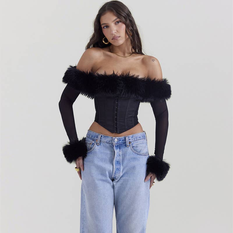 Sexy Fur One-Shoulder Mesh Asymmetrical Top