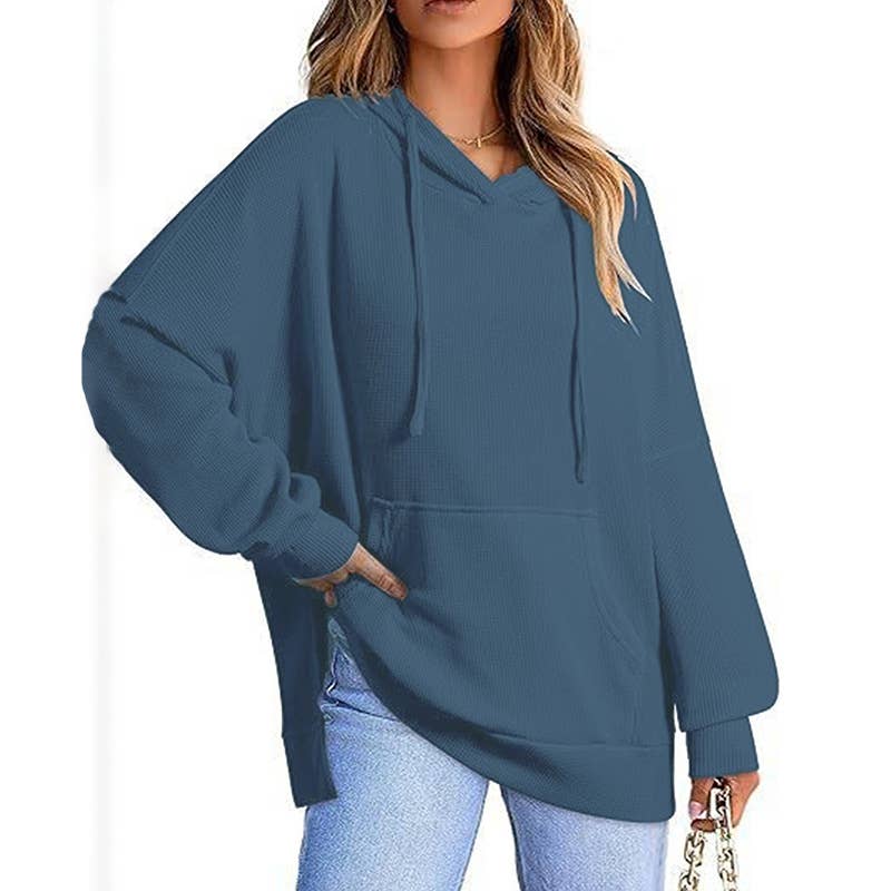 WOMEN'S LONG-SLEEVED WAFFLE POCKET HOODED JUMPER