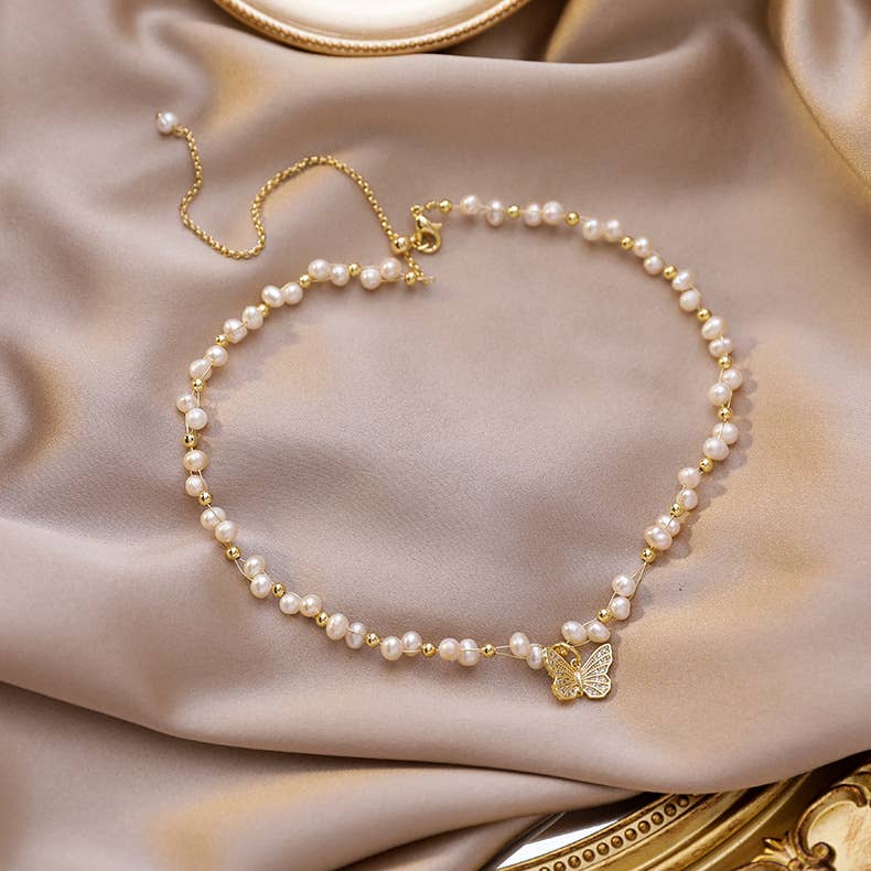 Simple butterfly necklace Baroque pearl bracelet