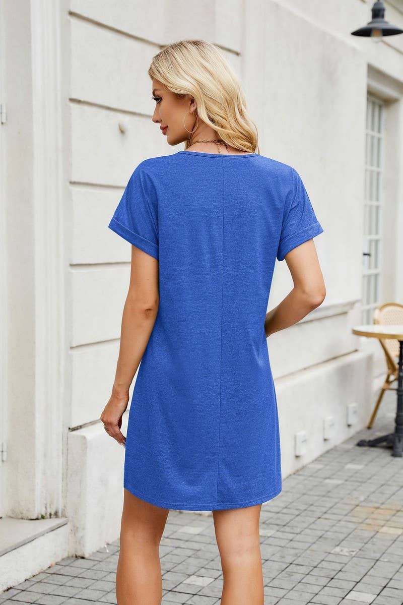 CWDSD7283_SOLID COLOR V-NECK LOOSE SHORT-SLEEVED DRESS