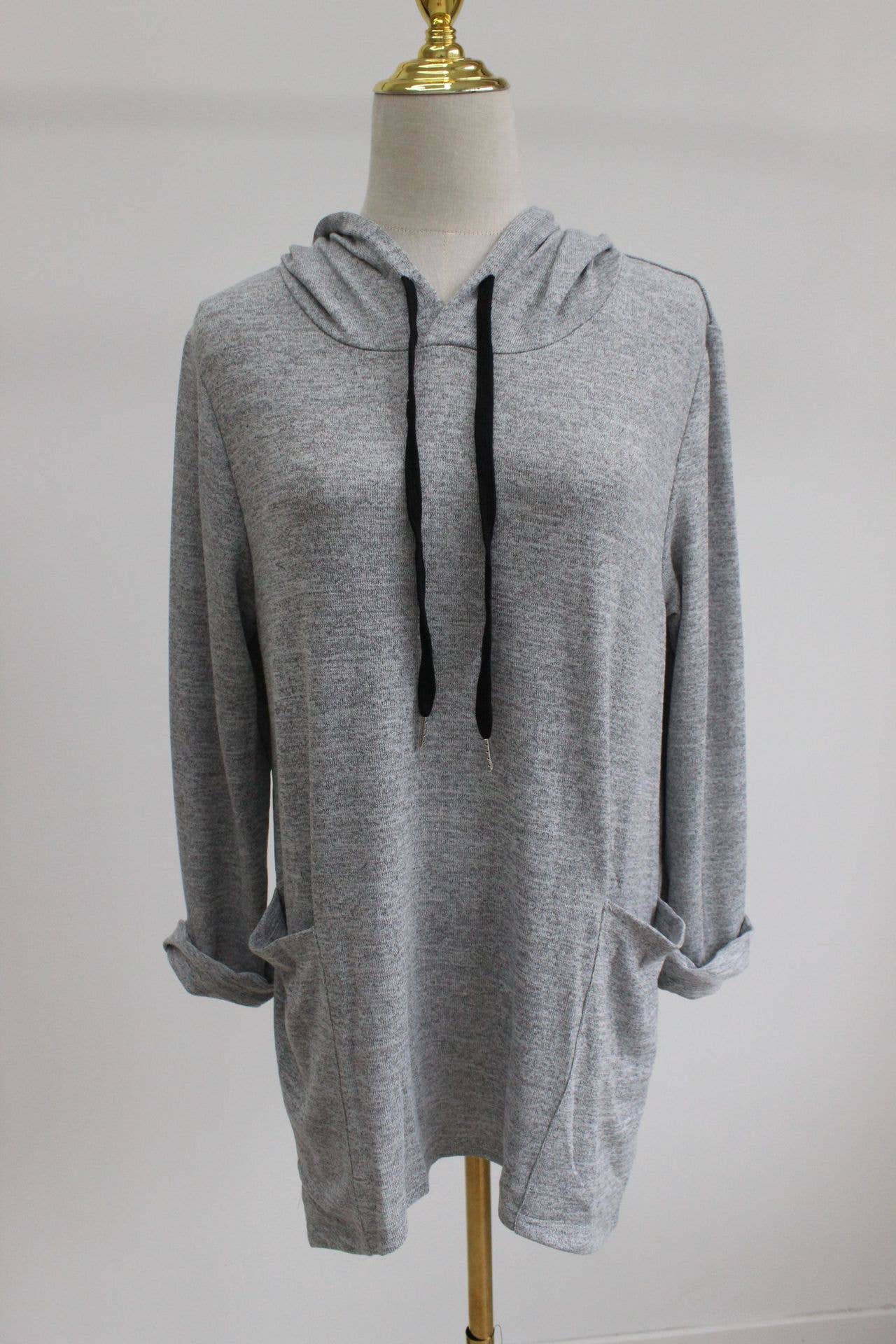 HOODED SOLID COLOR BAGGY IRREGULAR POCKET TOP