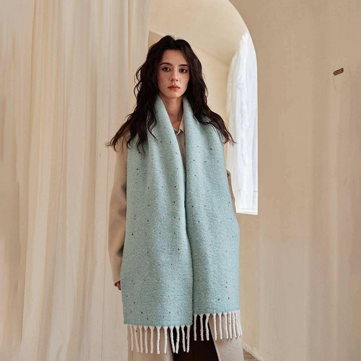 50% Wool Blend Speckled Yarn Scarf - Winter Cozy_CWASC2372