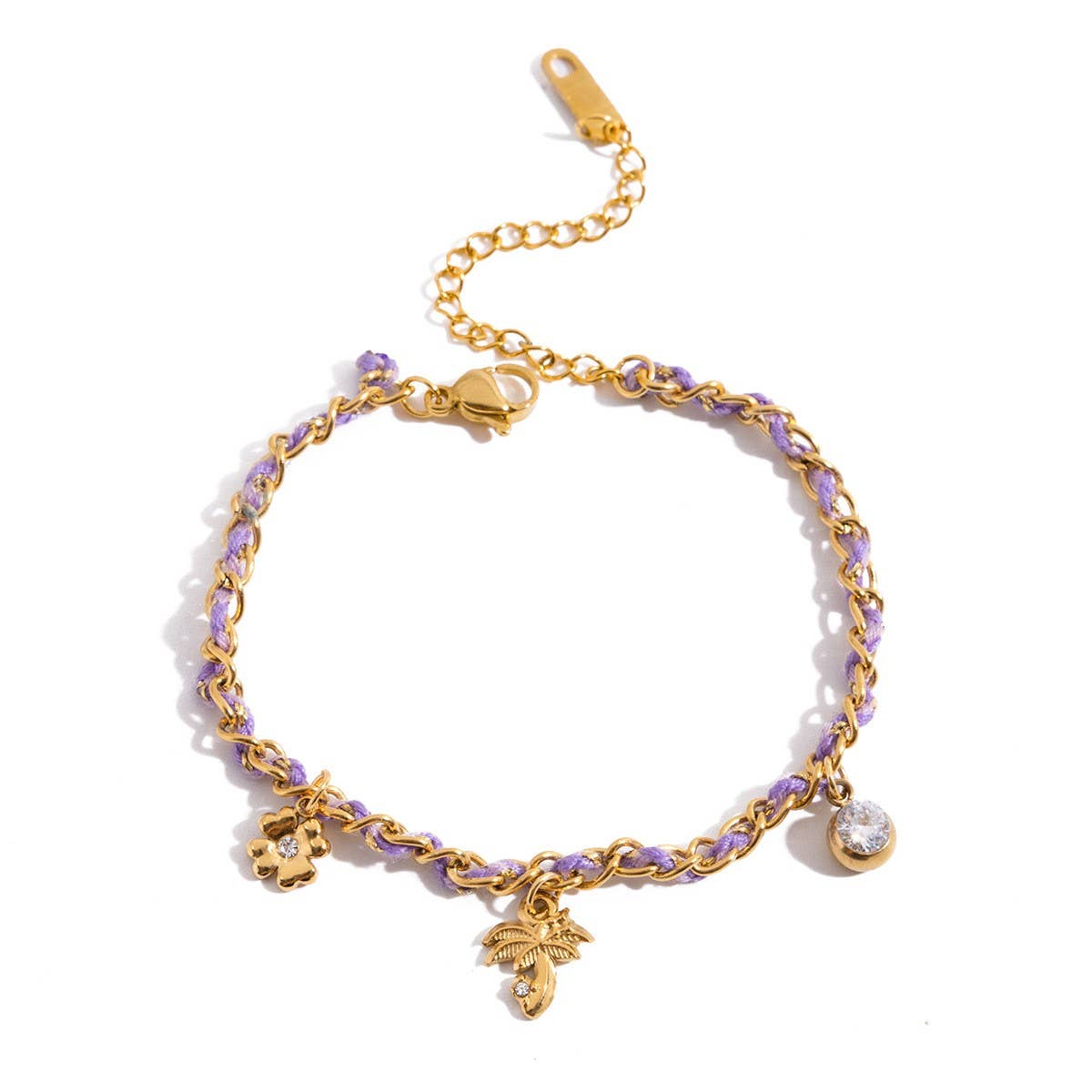 Romantic 18K Gold Clover & Palm Charm Bracelet