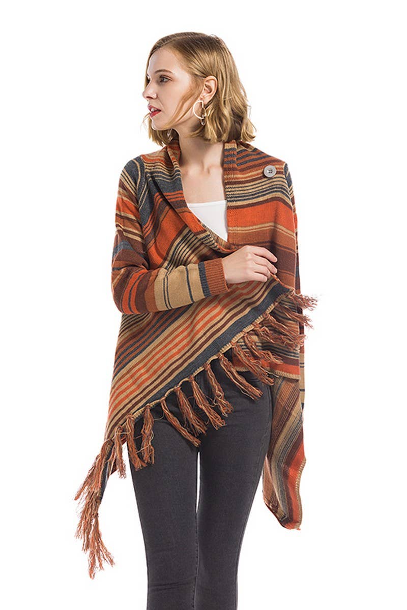 CWOCAL0945_STRIPED LOOSE IRREGULAR TASSEL KNITTED CARDIGAN