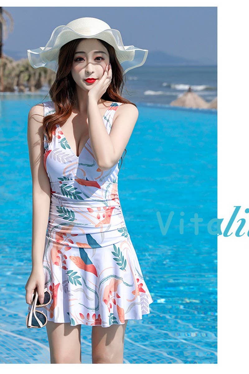 CWMW0865_V-NECK SLEEVELESS PRINTED SKIRT-STYLE SWIMSUIT