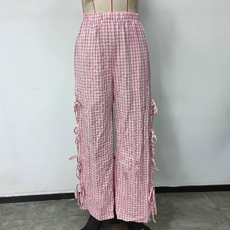 Stretched-waist checkered printed tie long pants