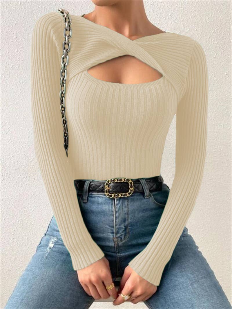 Sexy cut-out pullover solid-color knitted top