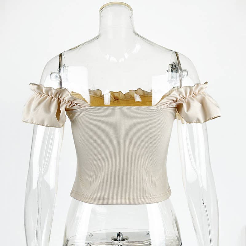 Solid color one-line shoulder ruffle trim top