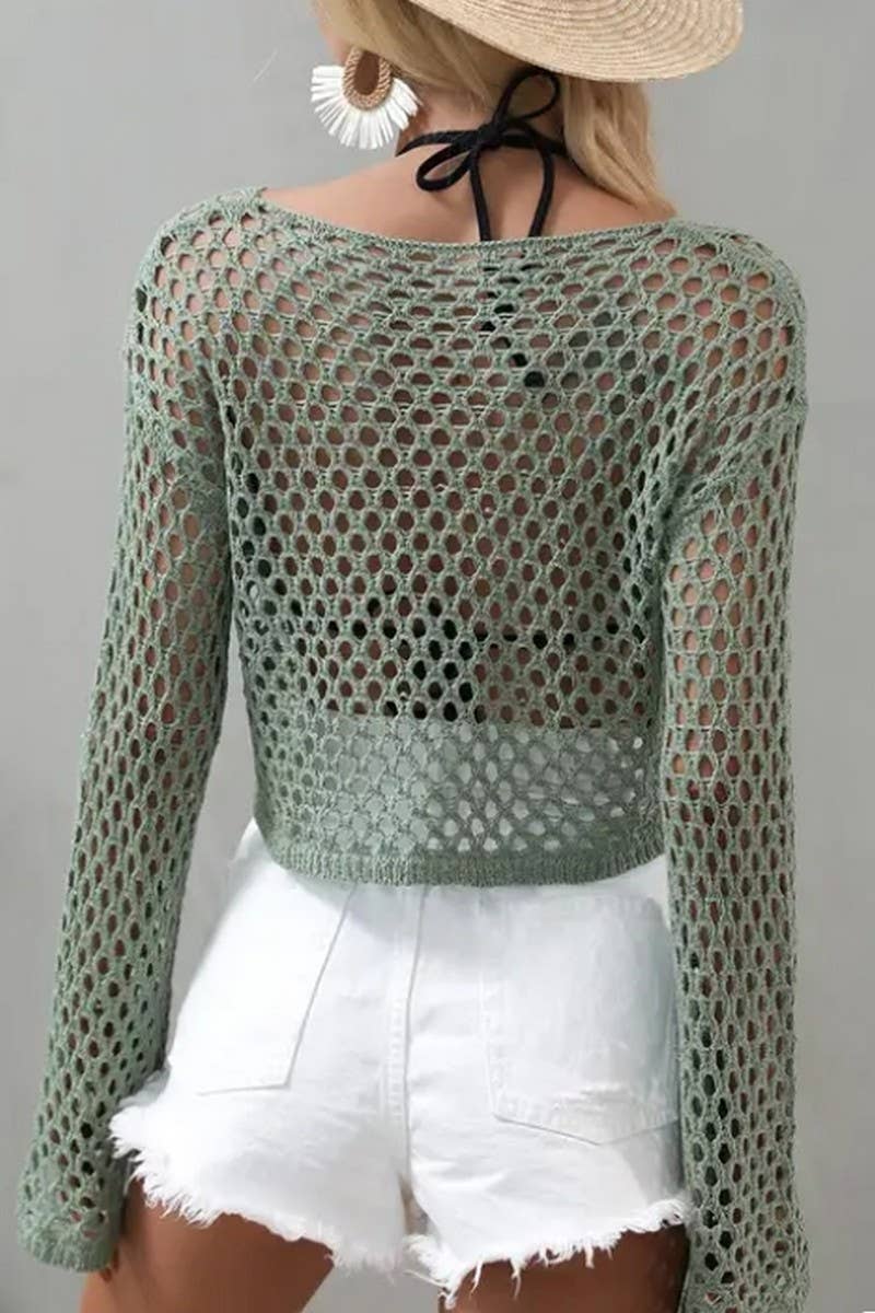 CWTSTSL0109_SPRING AND SUMMER CREW NECK HOLLOW KNIT CARDIGAN