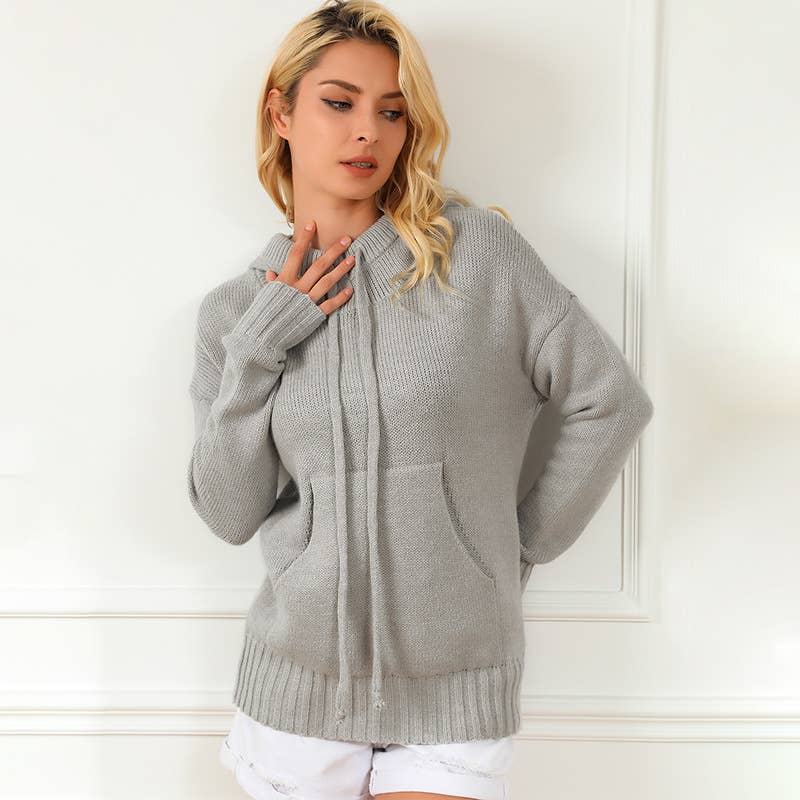 SOLID COLOR LOOSE DRAWSTRING POCKET LOOSE SWEATER