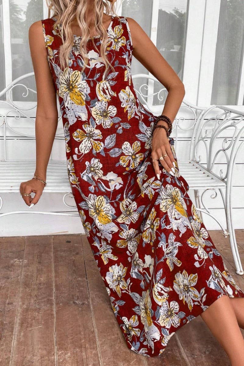 CWDMD5872_SLEEVELESS FLORAL PRINT ROUND NECK A-LINE DRESS