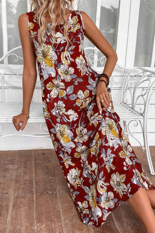 CWDMD5872_SLEEVELESS FLORAL PRINT ROUND NECK A-LINE DRESS