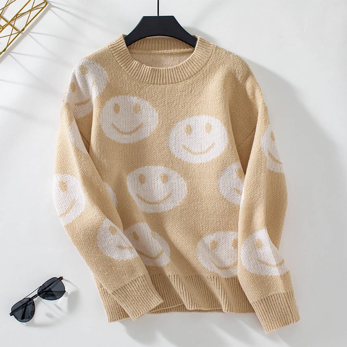 Smiley face jacquard loose crew neck sweater