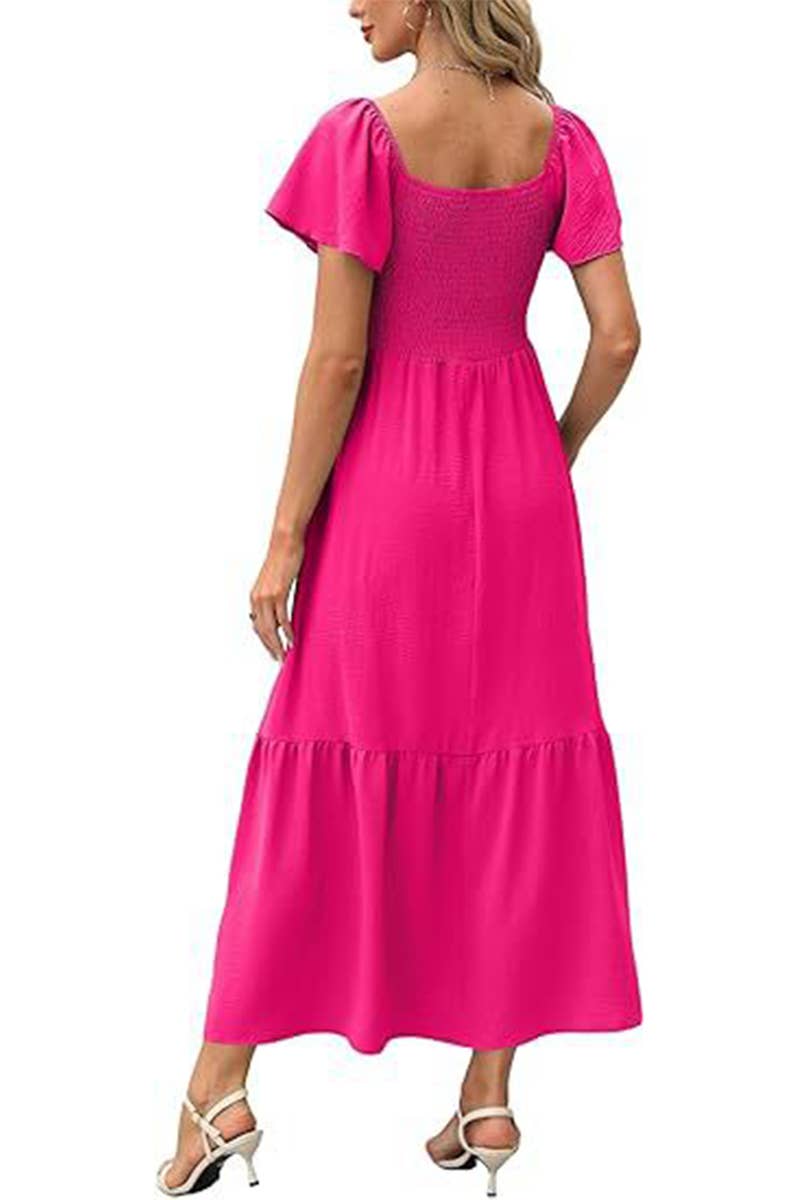 CWDMD6363_SQUARE NECK BUTTERFLY SLEEVE SHIRRED POCKET DRESS