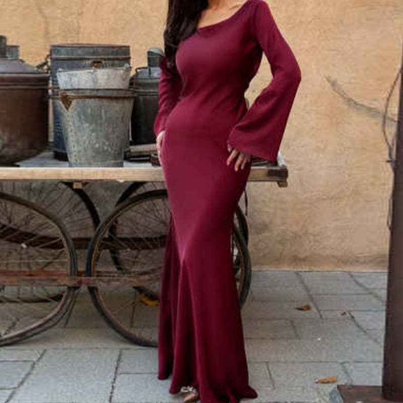 Round neck flared sleeve long temperament dress