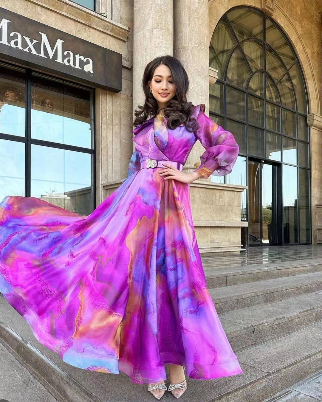 PRINT DRESS WITH BELT SWING MESH